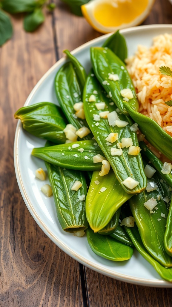 Sautéed pumpkin leaves with garlic and onions on a plate, served with rice and lemon.